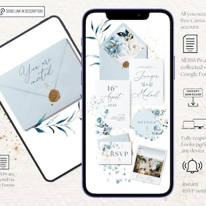 Puede incluir: Un conjunto de invitaciones de boda digitales que se muestra en un teléfono inteligente y una tableta. El diseño presenta elementos florales en azul claro y blanco, con el texto "You are invited" en un sobre. Incluye detalles de RSVP y descarga instantánea.