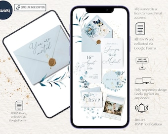 Canva Wedding Website Template with Trackable RSVP Link, Clickable RSVP Form, Canva Website Template, Dusty Blue Wedding Invitation
