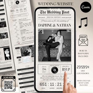 May include: A wedding website design displayed on a smartphone, featuring a newspaper theme with the headline "The Wedding Post." The design includes a countdown, RSVP button, and details about the wedding of Daphne & Nathan. A QR code for a live demo is also present.