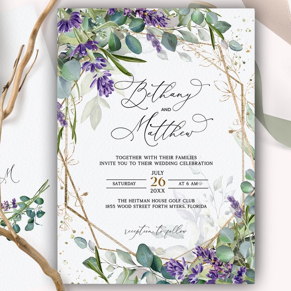 Lavender Eucalyptus Wedding Invitation Template, Purple Wedding, Lilac Invitation, Faux Gold Invite, Eucalyptus, Botanical Invites, Greenery