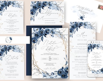Op de afbeelding: Een huwelijksuitnodigingsset met een blauw en gouden bloemenontwerp. De uitnodiging heeft een geometrisch frame met de namen "Natalie en Robert" en de datum van de bruiloft. De RSVP-kaart heeft een blauw bloemenontwerp en de tekst "Kindly Reply by July 16". De menukaart heeft een blauw bloemenontwerp en de tekst "Menu July 16, 20XX".