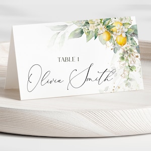 Plantilla de tarjeta de lugar, tarjeta de nombre de mesa, tarjeta de lugar de limón, plantilla de tarjeta de asiento, tarjeta de mesa con vegetación, boda con temática de limón