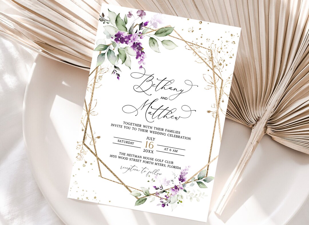 Lilac Purple Wedding Invitation Template, Purple Watercolor Greenery ...