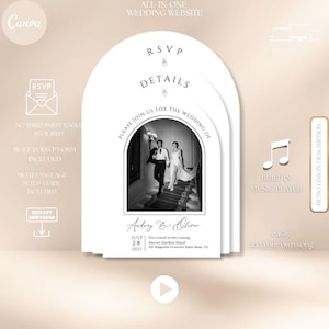 Op de afbeelding: Een trouwkaartontwerp met een boogvorm, met een zwart-witfoto van een stel. De uitnodiging bevat de namen "Audrey & Oliver", datum, tijd en locatie. Tekst op de uitnodiging bevat "RSVP", "Details" en "Gelieve ons te vergezellen voor de bruiloft van".