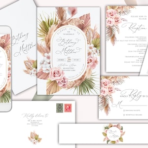 Boho Floral Wedding Invitation Template Set, Fleurs séchées, Mariage en terre cuite, Boho rose poussiéreux, Muted, Invitation de la pampa, terreux, Boho floral