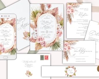 Boho Floral Wedding Invitation Template Set, Dried Flowers, Terracotta Wedding, Dusty Pink Boho, Muted, Pampas Invite, earthy, Floral boho