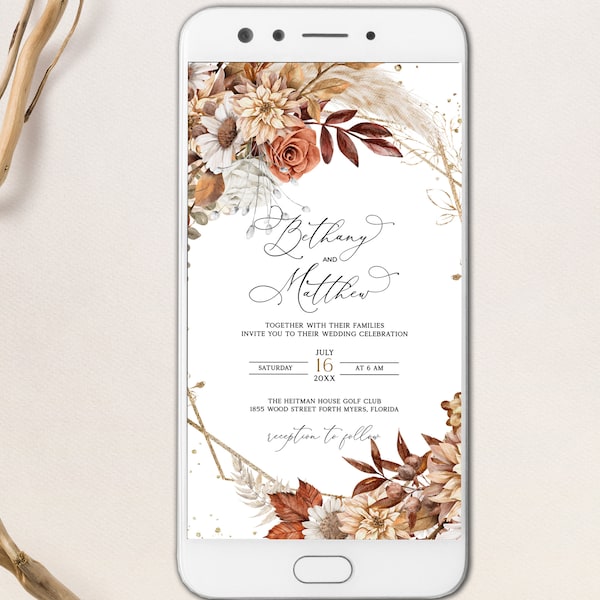 Smartphone Invitation, Fall Autumn Wedding Electronic E-vite, Sms Invite, Autumn leaves, Digital Invite, Mobile Invite, Autumn Wedding