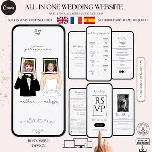May include: A digital wedding website template with a responsive design. The design includes an RSVP form, wedding program, registry, and details. The text includes "All in One Wedding Website" and "We are getting married."