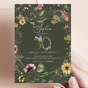 Plantilla de invitación para el 30.° cumpleaños, invitaciones para el 30.° cumpleaños, cumpleaños de flores silvestres, cumpleaños de adultos, fiesta de adultos jóvenes, invitación para el 30.° cumpleaños
