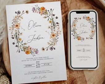 Boho Wedding Invitation Template, Wildflowers, Muted Colors, Boho evite, Boho Wedding, Bohemian Rustic, Rustic Fall, Boho Chic