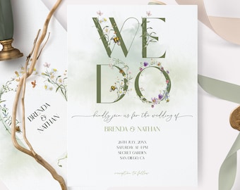 May include: Wedding invitation featuring a floral design. The text "WE DO" is surrounded by flowers and bees. The invitation is for Brenda and Nathan, and it includes the date, time, and location of the wedding.
