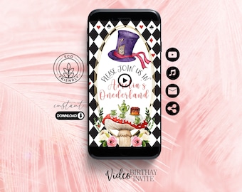 Onederland Video Invitation Template, Animated Birthday Invitation, Alice animated invitation, Onederland 1st Birthday, Mad Tea Party