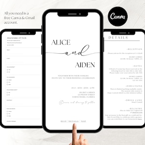Könnte beinhalten: Drei Smartphones zeigen eine Vorlage für eine Hochzeitseinladung. Das Design ist minimalistisch mit schwarzem Text auf weißem Hintergrund. Die Einladung enthält Details wie die Namen "Alice und Aiden", Datum und Ort. Das Canva-Logo ist sichtbar.