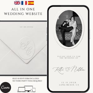 Plantilla elegante para sitio web de bodas en color crema, con opción de confirmación de asistencia (RSVP) mediante clic, multilingüe y con música (editable en Canva, descarga digital).