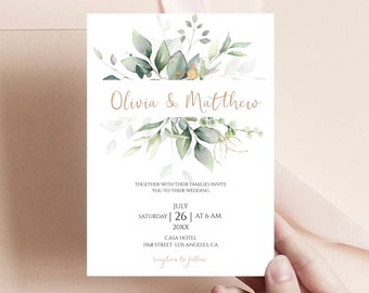 Greenery Wedding Invite Template, Eucalyptus Wedding Invite, Wedding Invitation, Invitation Template Download, Greenery Gold Wedding