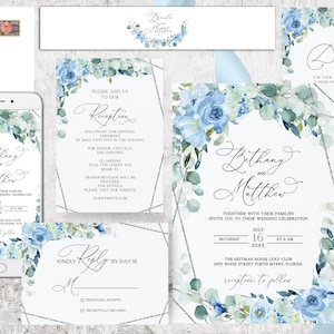 Greenery Dusty Blue Roses Hochzeitssuite, hellblaue Hochzeitseinladung, Hellblaue Einladungen, Silber Geometrisch, Blue Invite Suite, editierbares Paket