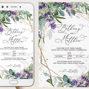 Lavender Eucalyptus EVİTE, modelo de convite de casamento, convite lilás, convite eletrônico lavanda, vegetação e lilás, convide e evite