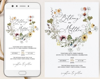 Wildflower invitation template, with evite, Wildflowers Evite wedding invitation, Boho Invitation, Text message wedding invite, Sms invite