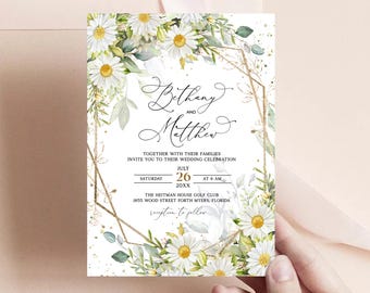 Daisy Wedding Invitation, Yellow Floral Invite, Greenery Gold Floral, Camomile, Golden daisy, Wildflowers Boho, White Floral, Cottagecore