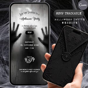 Könnte beinhalten: Eine digitale Halloween-Party-Einladung auf einem Smartphone-Bildschirm mit einer geisterhaften Figur hinter Glas und dem Text You Are Invited to a Halloween Party, 13 Whispering Willow Lane, Ravenwood, CA 90210, Saturday 31 October 2026, 5PM - 7PM, Click to RSVP und Come Dressed to Haunt & Celebrate. Ein zweites Smartphone zeigt ein schwarzes Umschlagdesign mit einem Spinnen-Wachssiegel und dem Text Open If You Dare.