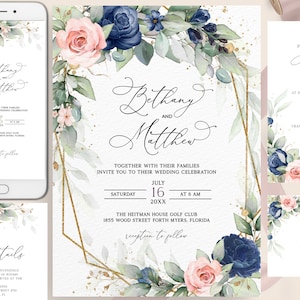 Modèle Navy Blush Wedding Suite, Navy Blue Blush Pink, Navy Blush Wedding, Navy Wedding, Or, Modifiable, Imprimable, Téléchargement instantané