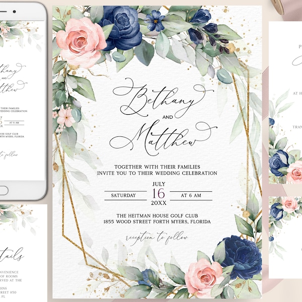 Navy Blush Wedding Suite Template, Navy Blue Blush Pink, Navy Blush Wedding, Navy Wedding, Gold, Editable, Printable, Instant Download