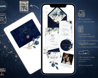 Navy Blue Wedding Website Template, Canva Editable, Clickable RSVP Form, Rsvp tracking, navy and gold watercolor, Animated, Digital Invite