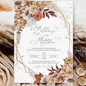 Fall Autumn Wedding Invitation, Autumn Leaves, Pampas grass Wedding Invitation, Boho Invitation Template, Sunflowers, Terracotta, Gold Flake