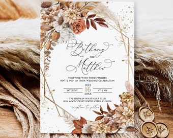 Herbst Hochzeitseinladung, Herbstlaub, Pampasgras Hochzeitseinladung, Boho Einladungsvorlage, Sonnenblumen, Terrakotta, Goldflocken