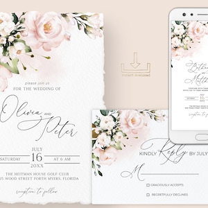 Blush Pink Wedding Invitation Suite, Wedding Evite, Soft Pink, Watercolor, Elegant Pink Floral, Floral Invite, Printable Invitation