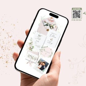 May include: A smartphone displays wedding invitation templates. The design includes floral elements, a photo, and text. The phone is held in a hand. The screen shows the date, names, and RSVP details. A QR code is visible.