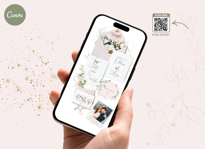 May include: A smartphone displays wedding invitation templates. The design includes floral elements, a photo, and text. The phone is held in a hand. The screen shows the date, names, and RSVP details. A QR code is visible.