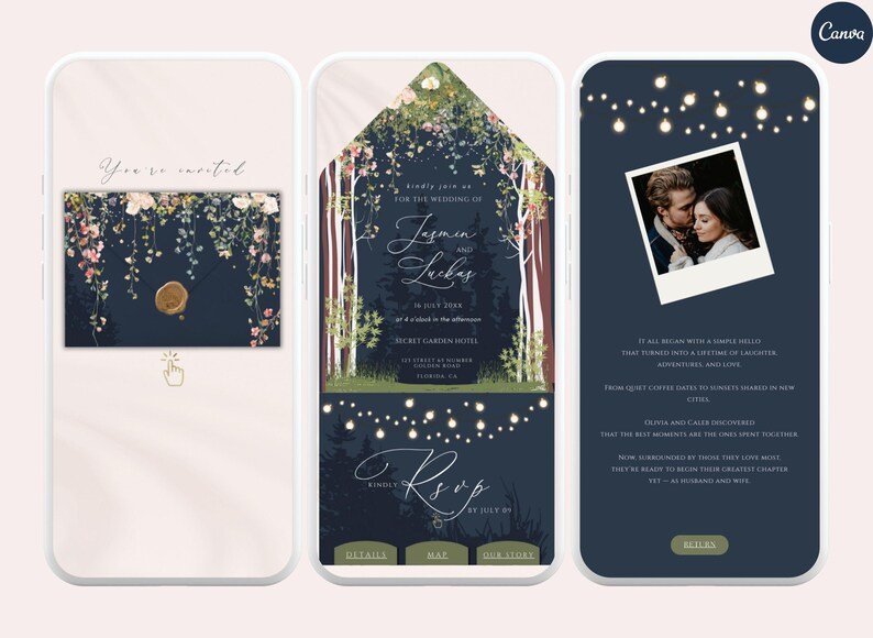 Enchanted Forest Wedding Invitation Website, Clickable RSVP, Mountain Wedding, Woodland Wedding, Pine Forest, Starry Night Wedding