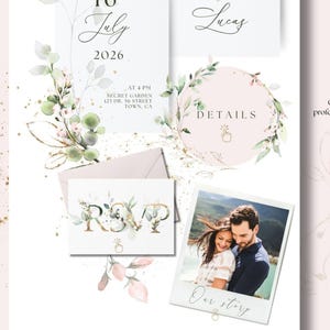 May include: Wedding invitation suite with floral and gold accents. Includes invitation, RSVP card, details card, and a photo. The invitation is dated July 16, 2026, with the name Lucas. The suite is designed by a professional designer.