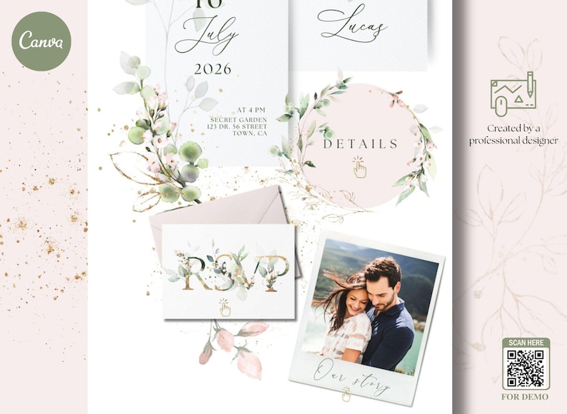 May include: Wedding invitation suite with floral and gold accents. Includes invitation, RSVP card, details card, and a photo. The invitation is dated July 16, 2026, with the name Lucas. The suite is designed by a professional designer.