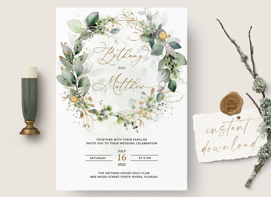 Greenery Gold Wedding Invitation Template Boho Wedding Invite - Etsy