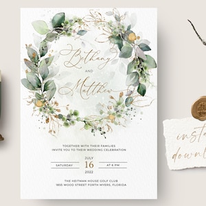 May include: Wedding invitation with a green and gold watercolor wreath featuring the names Bethany and Matthew. The invitation includes the date, time, and location of the wedding ceremony.