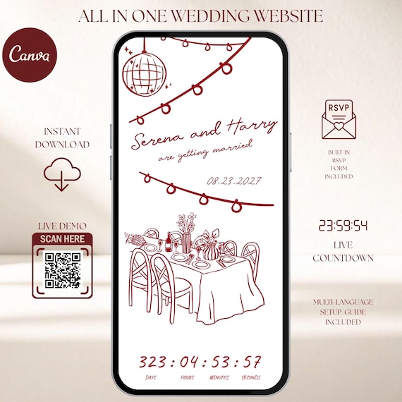 Hand Drawn Wedding Website Template, Rsvp Form, Countdown, Whimsical, Burgundy