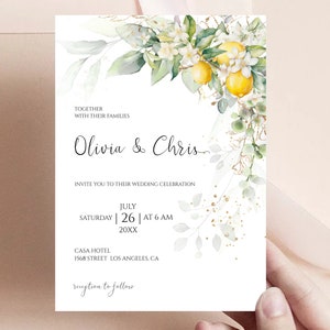 Modèle de faire-part de mariage citron, invitation florale jaune, verdure florale or, faire-part agrumes, mariage à Amalfi, faire-part de mariage estival