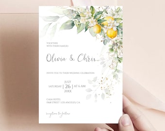Lemon Wedding Invitation Template, Yellow Floral Invite, Greenery Gold Floral, Citrus Invitation, Amalfi Wedding, Summer Wedding Invite