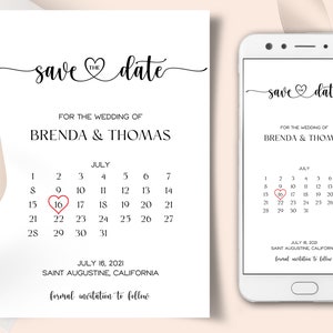 Op de afbeelding: Save the date-kaart met een kalender met een rood hart op 16 juli. De kaart heeft de tekst "Save the date" met een hartje en "Voor de bruiloft van Brenda & Thomas". De kaart bevat ook de datum en locatie van de bruiloft: 18 juli 2021, Saint Augustine, Californië.