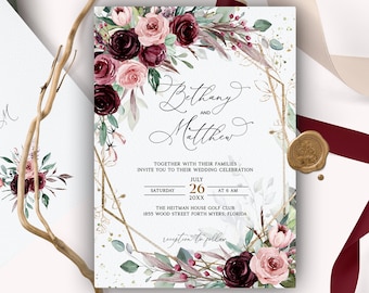 Burgundy Wedding Invitation Template, Burgundy Roses, Rosa Wedding, Burgundy and pink, Marsala, Plum, Burgundy Wine, Maroon Marsala Blush