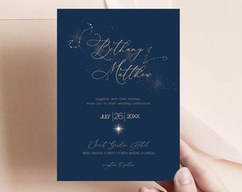 Zodiac Wedding Invitation Template, Constellations, Gold and Navy, Constellation Invite, Under the Stars, Celestial Wedding, Star Sign