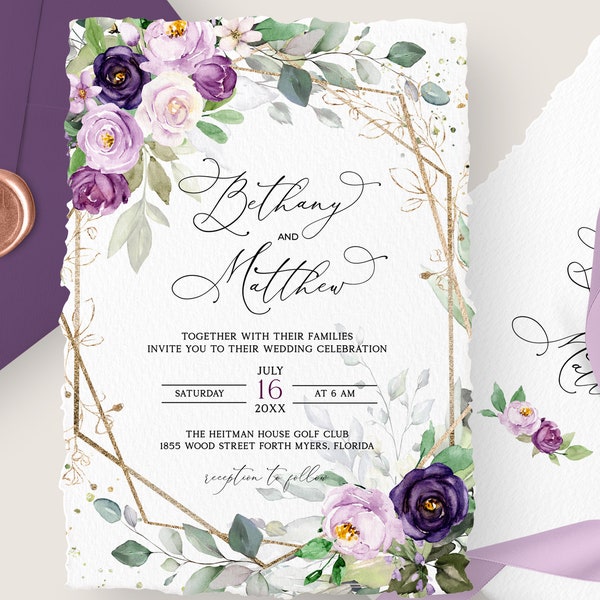 Purple Wedding Invitation Template, Purple and Lavender Roses, Greenery Gold Floral, Lavender Invite, Golden sparkle, Lilac Wedding Invite