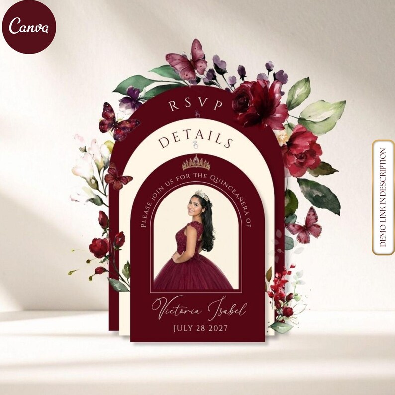 Burgundy Arch Quinceañera Website Template, Mis Quince Años Digital Invitation, Trackable RSVP, Elegant, Butterflies, Floral, Debut, Bundle