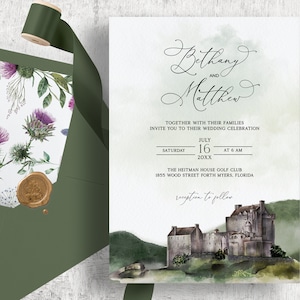 Schlosshochzeit, Einladung, Schottland Hochzeit, Distel, Edinburgh Castle, Schottische Hochzeit, Hochzeit, Zielort, Schloss Illustration, Veranstaltungsort