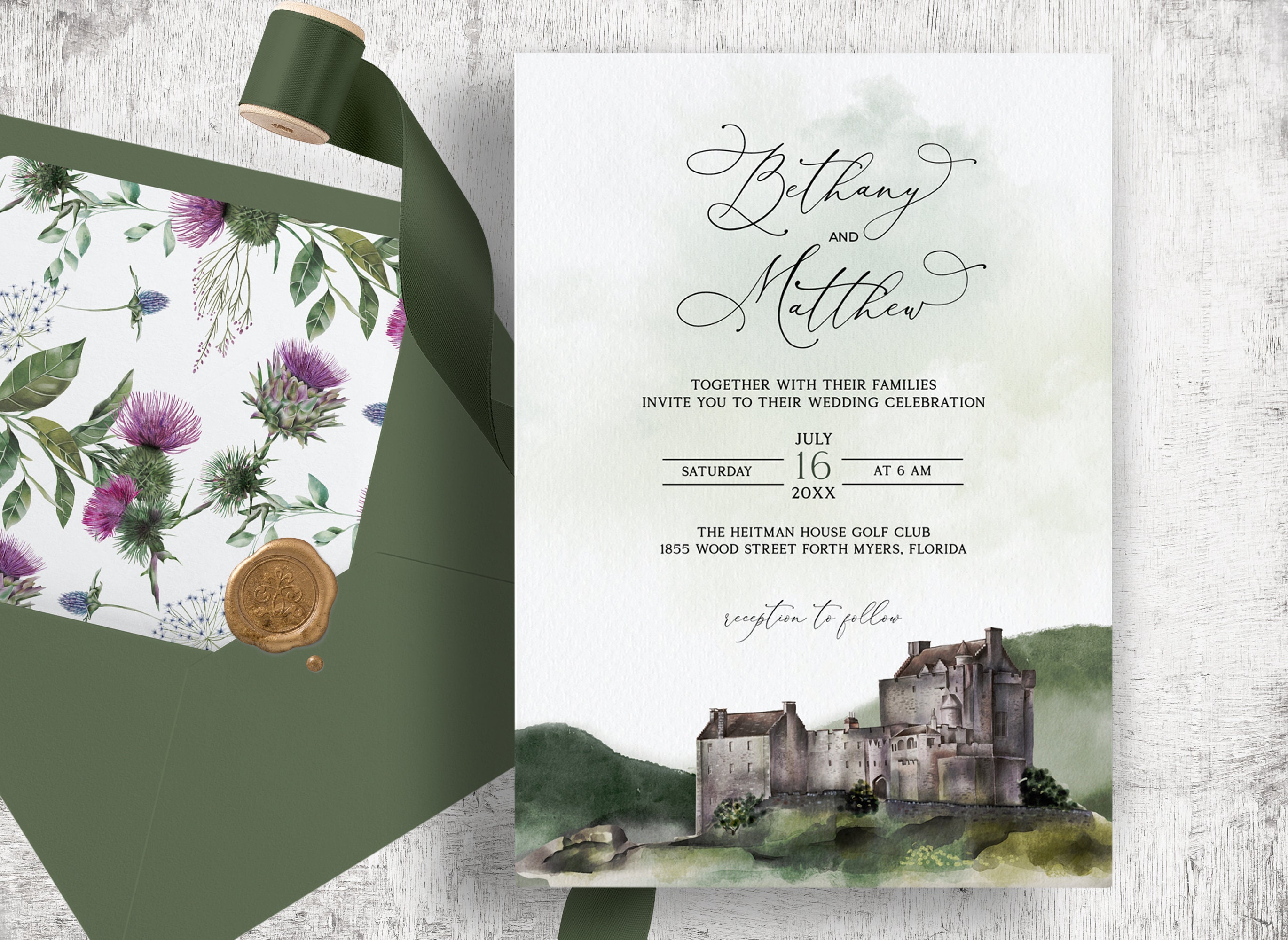 Castle Wedding Invitation, Scotland Wedding, Thistle, Edinburgh Castle, Scottish Wedding, Destination Wedding, Castle Illustration, Venue