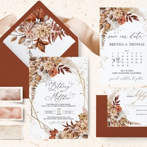 Conjunto de invitaciones para bodas de otoño, hojas de otoño, invitaciones de otoño, naranja quemado, hojas de otoño, terracota, plantilla rústica para bodas de otoño
