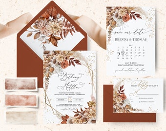 Fall Wedding Invitation Suite, Autumn Leaves, Fall Invites, Burnt Orange, Fall Leaves, Terracotta, Rustic Fall Wedding Template