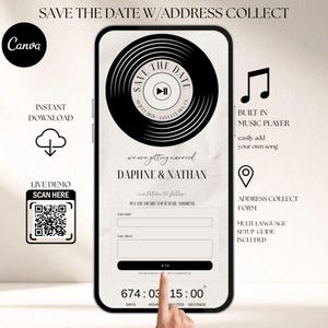 Könnte beinhalten: Ein digitaler Hochzeitseinladung auf einem Smartphone-Bildschirm. Das Design zeigt eine schwarze Vinyl-Schallplatten-Grafik mit dem Text "Save the Date". Die Einladung enthält ein Formular zum Sammeln von Adressen, einen Countdown-Timer und einen QR-Code.